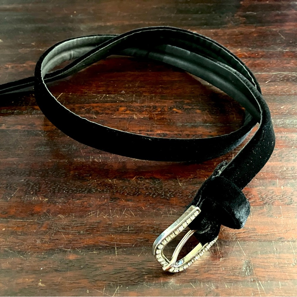 Ann Taylor black velvet and leather belt with rhinestone buckle